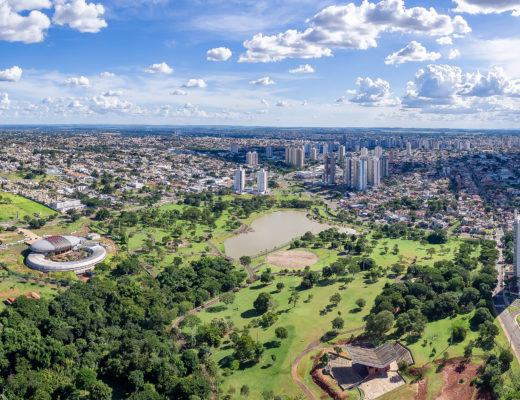 Panoramic aerial view of the city of Campo Grande MS, Brazil and the park of the indigenous nations.