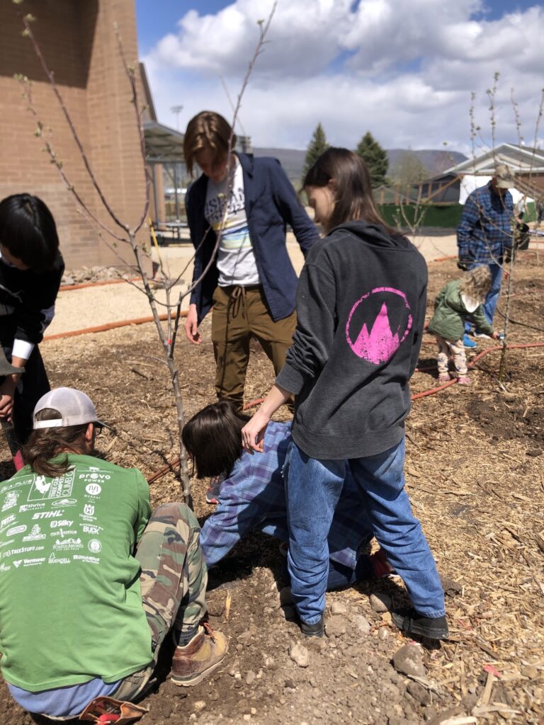 Students planting trees at Wasatch High School